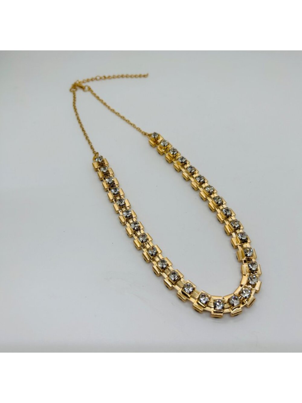 Rhinestone Choker Reversible Necklace Gold Tone Clear Geometric Collar Chain
